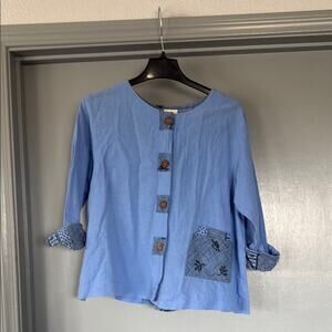 Vintage Produce Company Blue Button Front Top 3/4 Sleeves Back Panel sz M USA